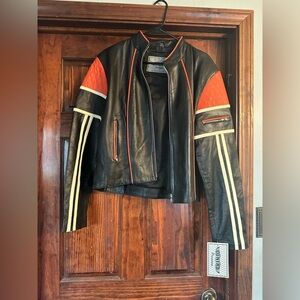 Unik Womens Premium Leather Motorcycle Jacket Lined Moto Black Orange Size XL